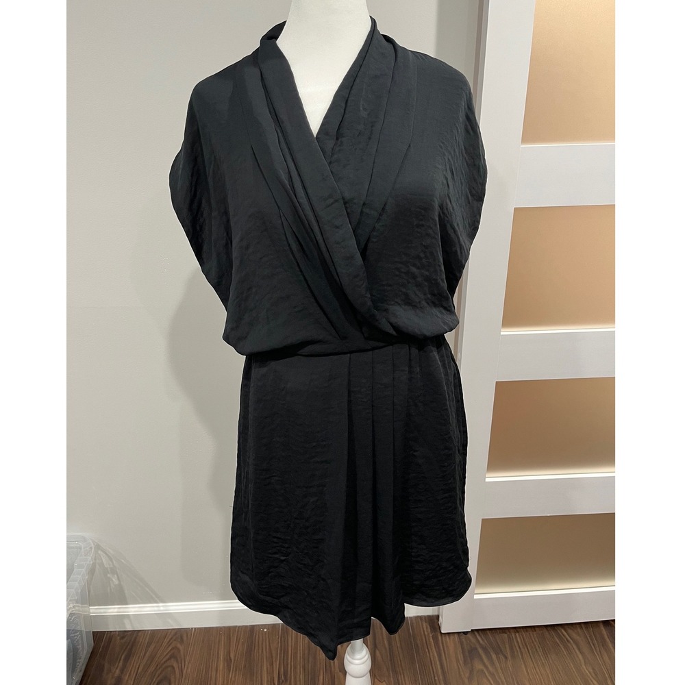 Rachel Roy Black Faux Wrap‎ V Neck Short Sleeve Ruched Waist Dress Size S